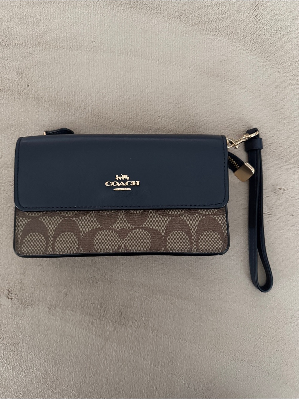 Coach Navy and Brown Signature Canvas Wristlet Wallet
